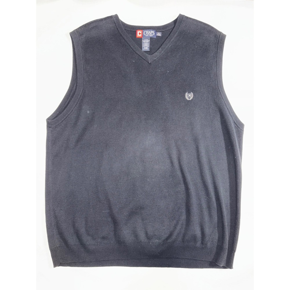 Chaps Mens V Neck Sweater Vest Dark Navy Blue XL TG/EG Classic Knit Logo